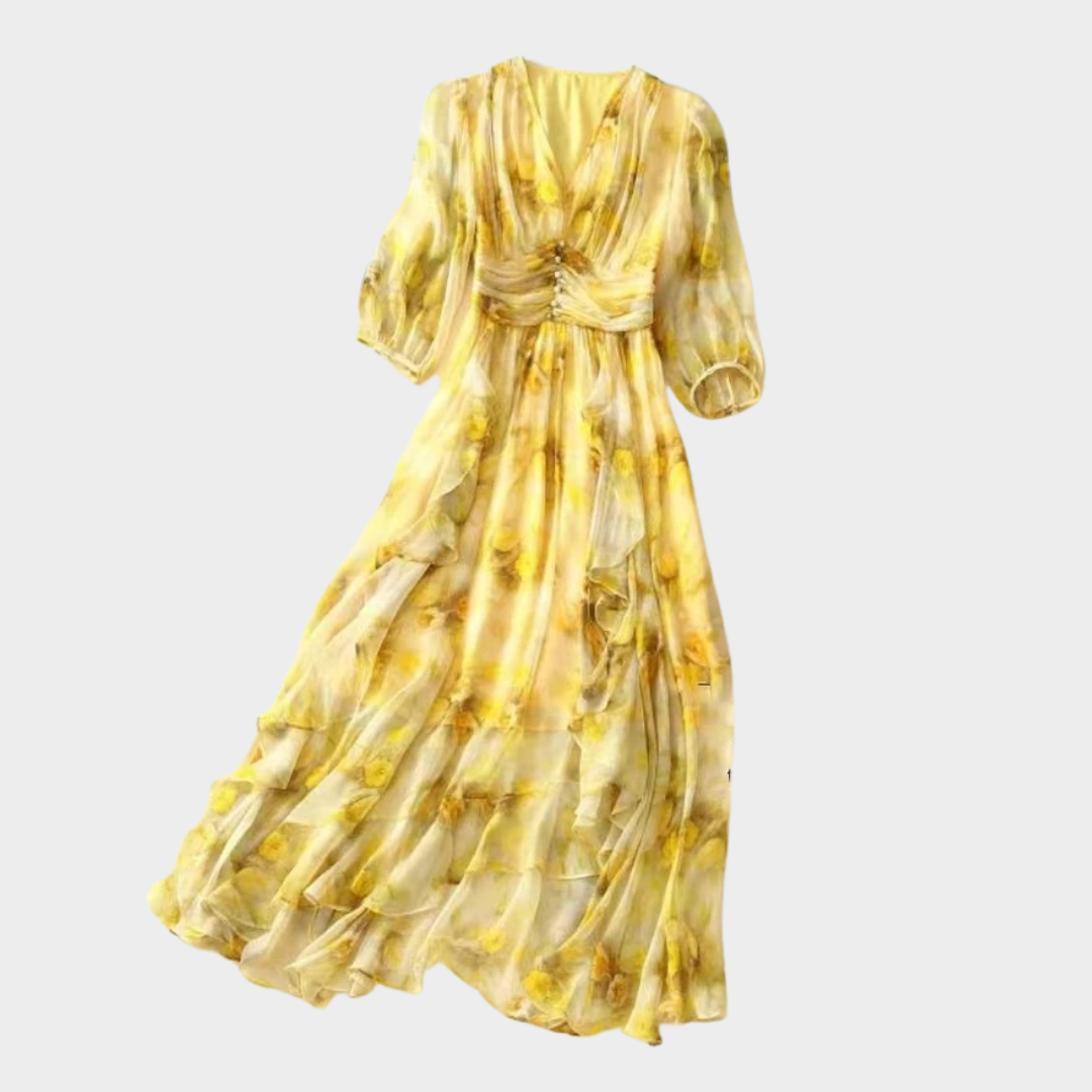 Women’s V-Neck Midi Dress – Floral Print Chiffon with Flowy Fit and Half Sleeves – Lightweight Elegant Boho Style – Yellow