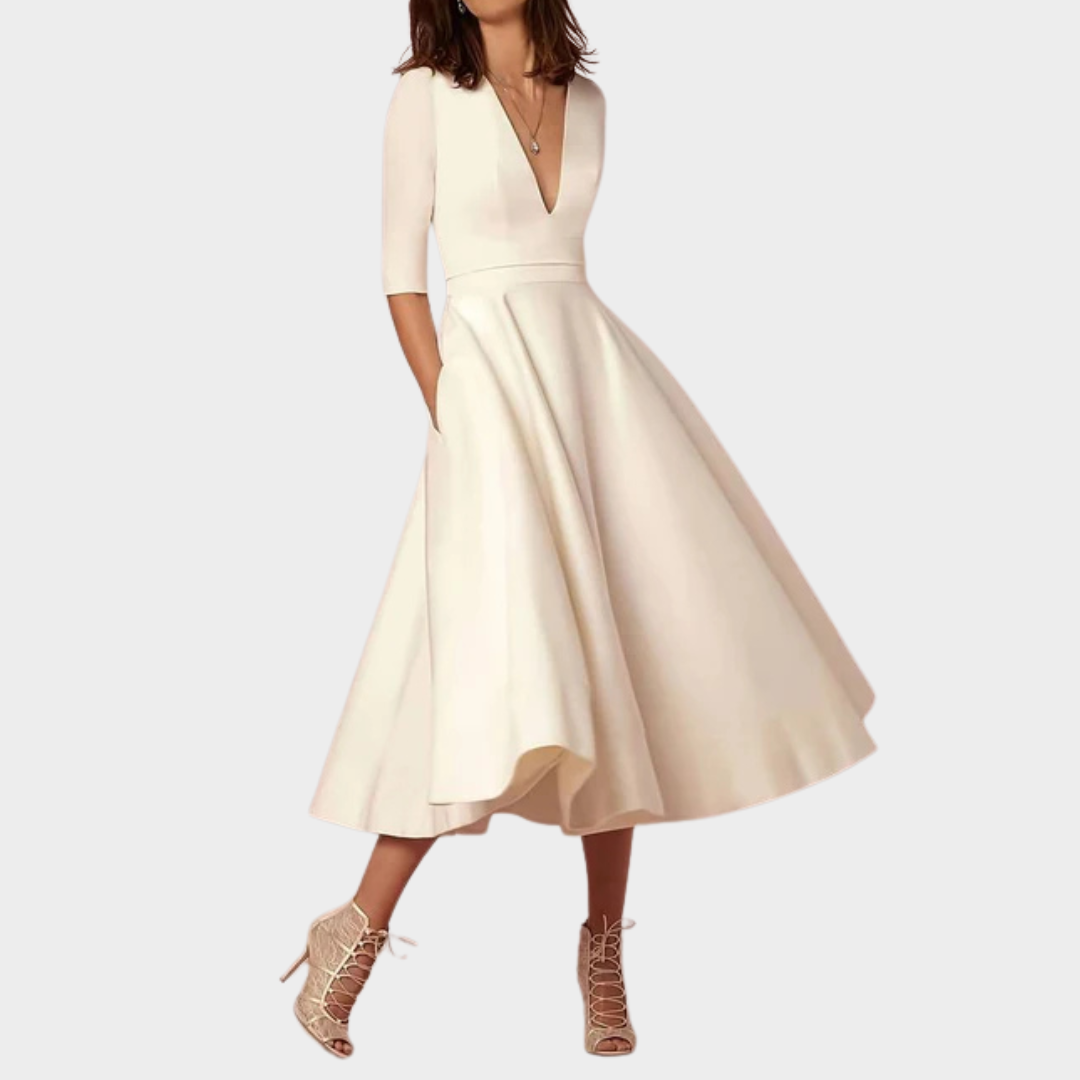 Women's Long V-Neck Slit Dress – Short Sleeve – Solid Colour – Elegant Fit – Lightweight Soft Fabric – Multiple Colours