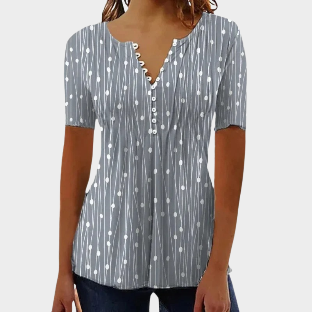 Women’s Polka Dot V-Neck Blouse – Short Sleeve Relaxed Fit Top – Lightweight Cotton-Polyester – Multiple Colours