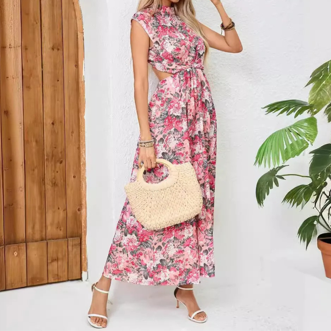 Women’s Sleeveless Long Dress – Waist Cinching Fit – Half High Neck – Floral Printed – Backless Design – Pink
