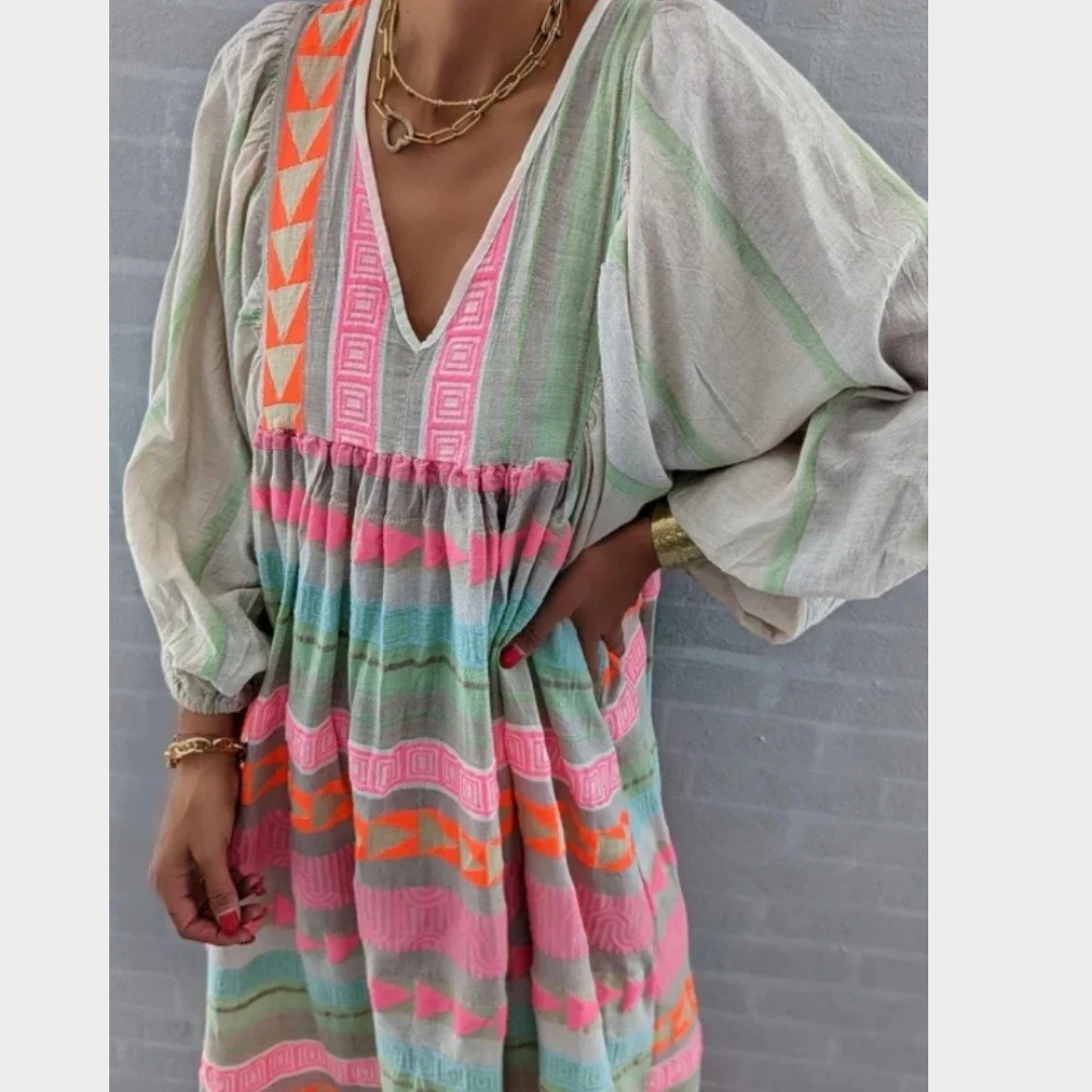 Women’s Maxi Dress – High Waist Loose Fit – Puff Sleeve – Lightweight Breathable Material – Pink