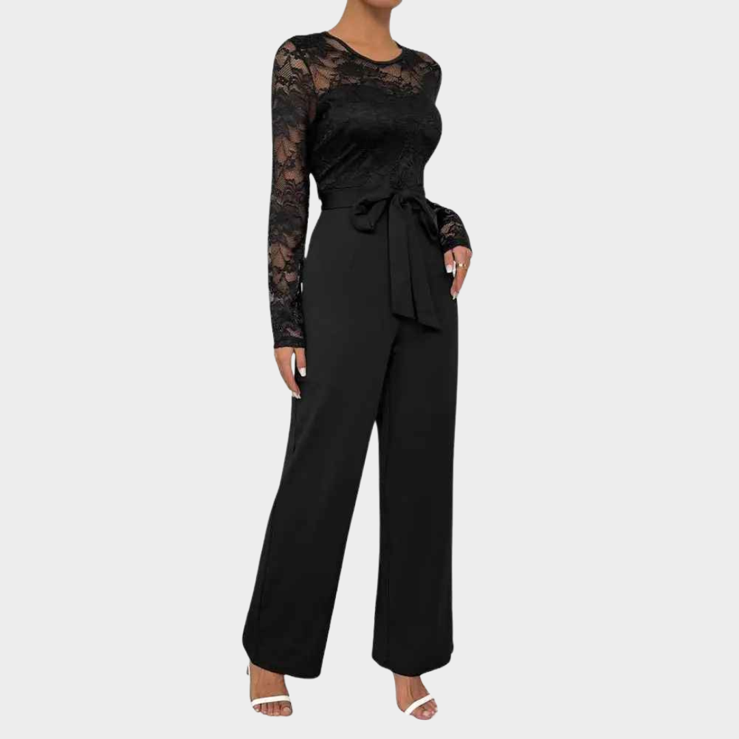 Women's Long Sleeve Lace Formal Jumpsuit – High Waisted Wide Leg One Piece Romper with Belt – Multiple Colours