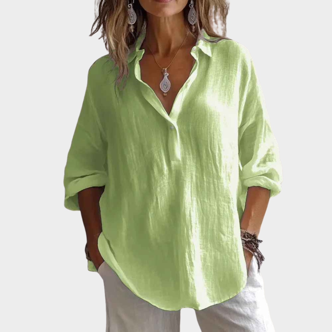 Women Loose Blouse – Cotton Linen Shirt with Lace-Up Collar – Multiple Colours