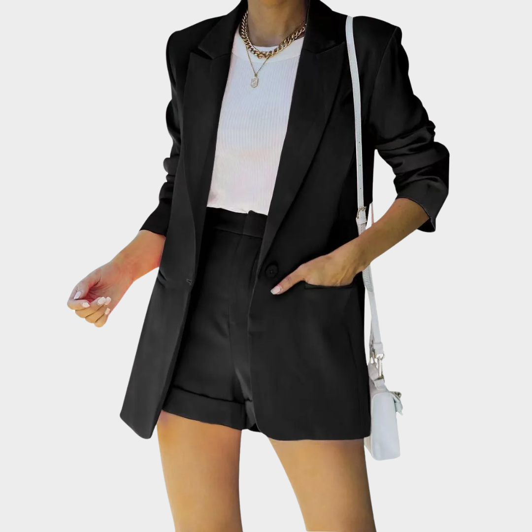 Women’s Two-Piece Suit Set – Long Sleeve Blazer and Shorts – Tailored Casual Fit – Lightweight Fabric – Multiple Colours