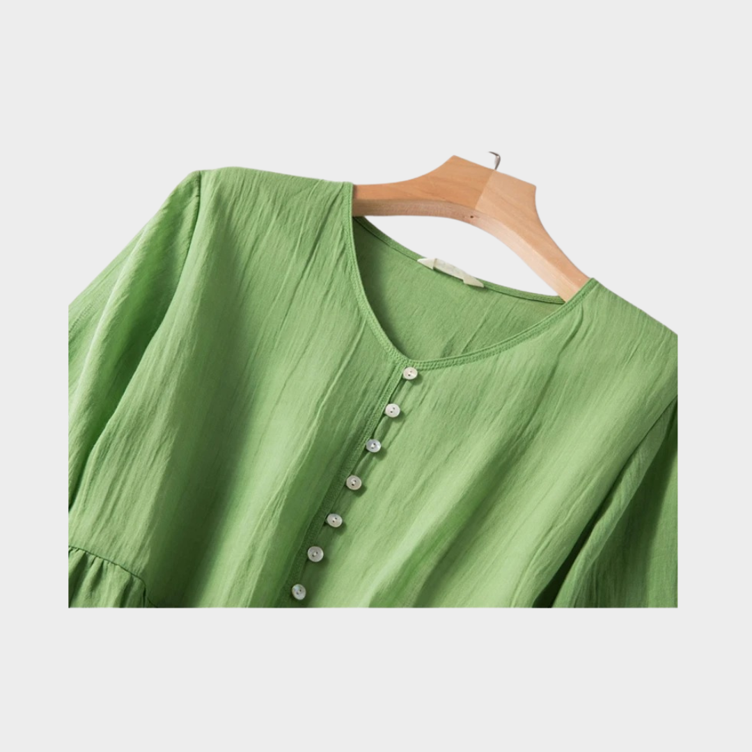 Women's Vintage Midi Dress - V-Neck - Short Sleeve - Loose Fit & Elegant - Multiple Colours