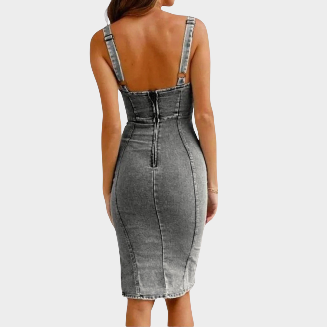 Women's Halter Denim Dress – Slim Fit – Wrap Hip – Retro Style – U Neck – Multiple Colours