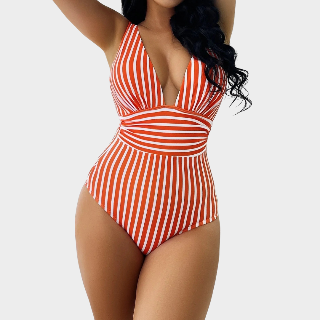Women One Piece Swimsuit – V Neck Bodysuit Fit with Striped Print – Supportive Design – Soft Stretch Fabric – Multiple Colours