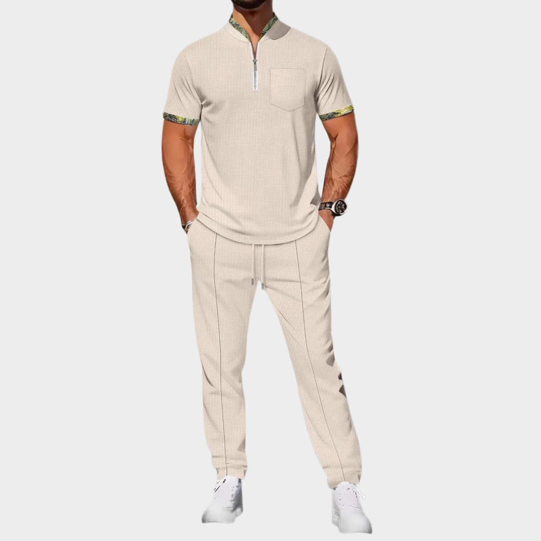 Men's Co-Ord Set – Waffle Textured Stand Collar Half-Placket Shirt with Colour Block Cuffs and Matching Shorts – Multiple Colours