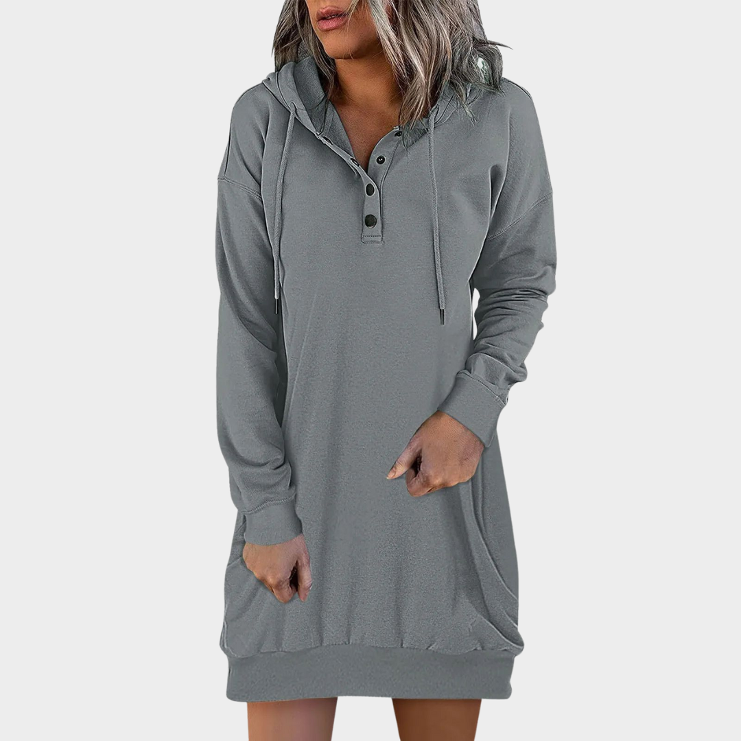 Women's Hooded Sweatshirt Dress – Knee-Length – Long Sleeve – Side Zip Neckline – Casual Sportswear – Pockets – Multiple Colours