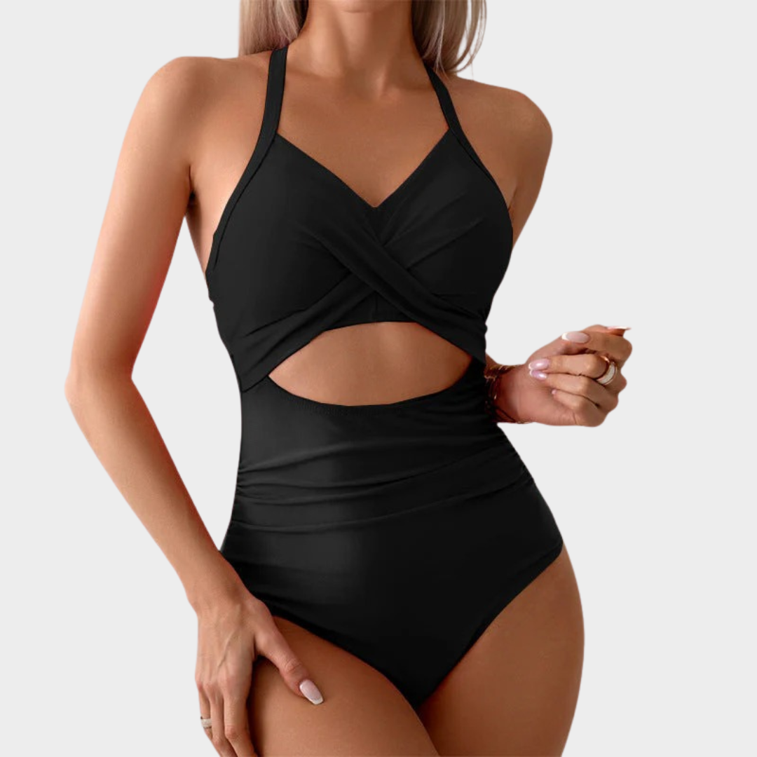Women Cross Back Swimsuit Set – Waist Cutout One-Piece Bikini Style with Stretch Fit – Multiple Colours