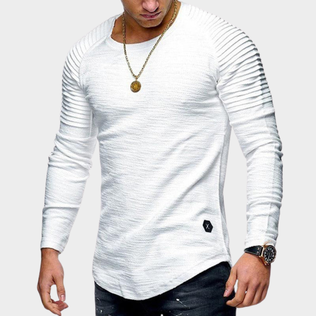 Men's Slim Fit Long Sleeve T-Shirt – Round Neck – Shoulder Pleated Design – Multiple Colours