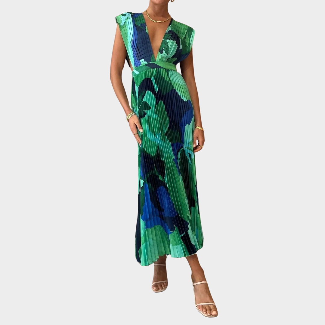 Women's Pleated Sleeveless Casual Dress – Loose Fit – Lightweight Fabric – Green
