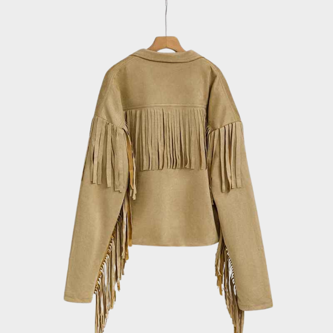 Women's Suede Jacket - Loose Fit Patchwork Coat - Flip Collar - Button Front - Tassel Detail - Khaki