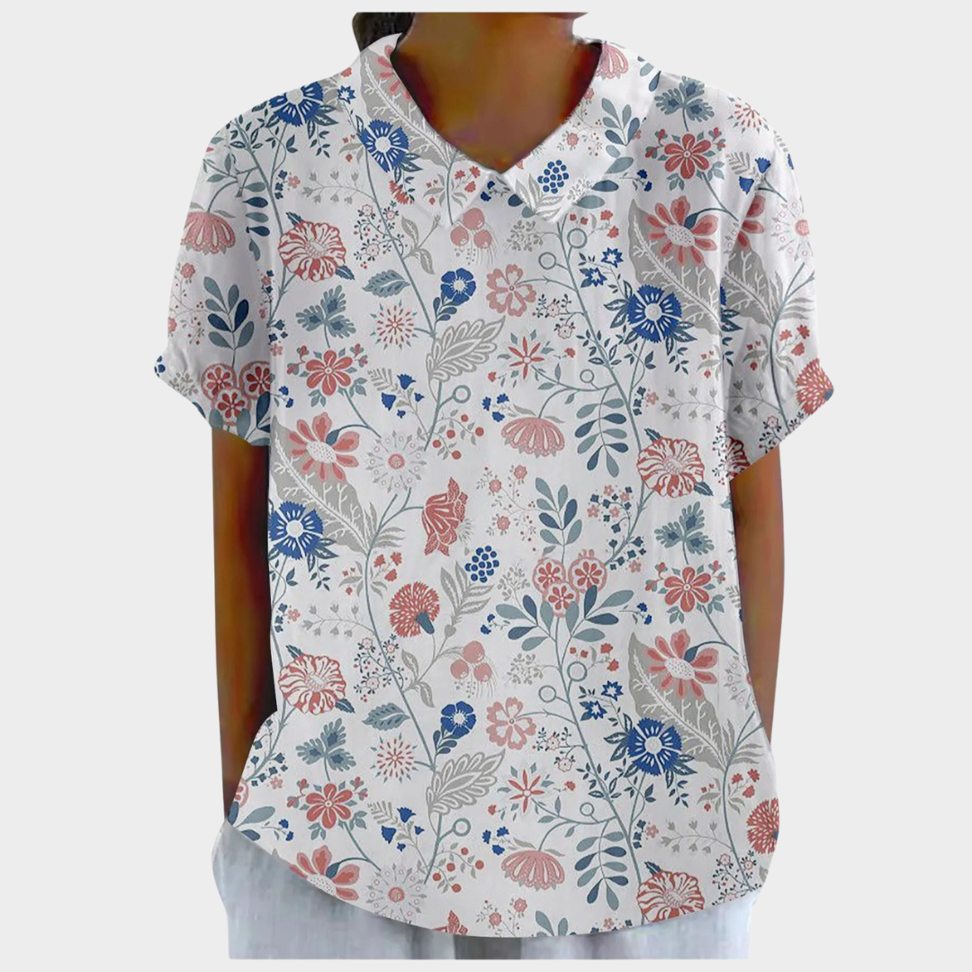 Women’s Floral Doll Collar Blouse – Loose Fit Short Sleeve Cotton-Linen Top – Vintage Style – Multiple Colours