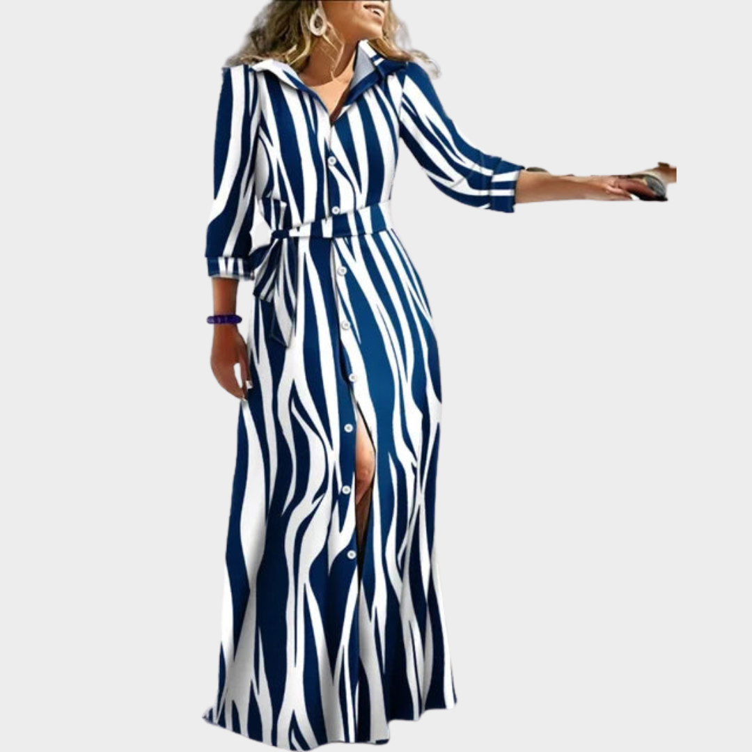 Women’s Printed Shirt Dress – Long Sleeve Maxi Dress with Lace-Up Waist – Turn-Down Collar Single Breasted Style – Multiple Colours