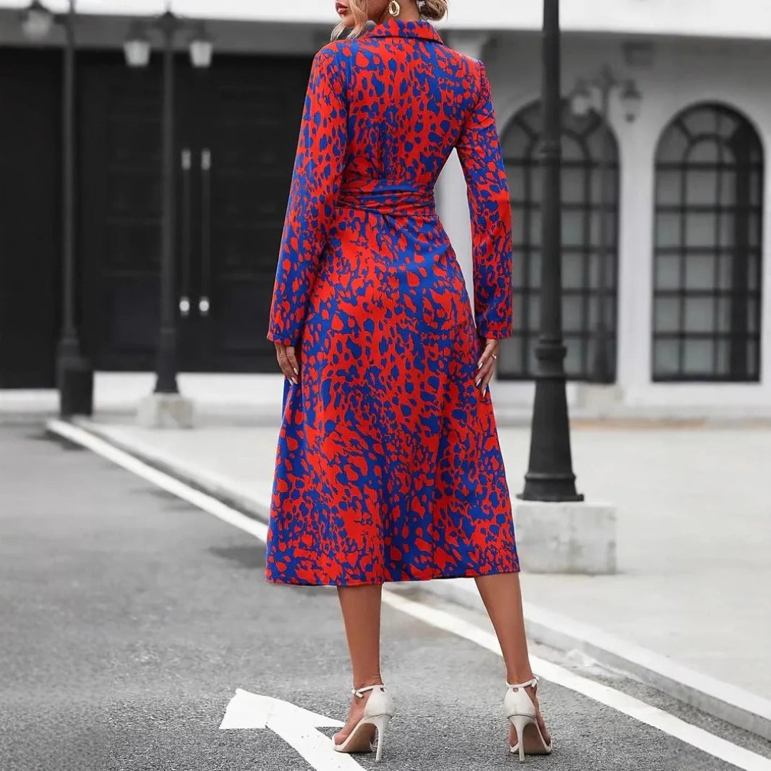 Women’s Midi Shirt Dress – A-Line Fit with Lace-Up Detail – Long Sleeve Printed Design – Thigh High Slit – Multiple Colours