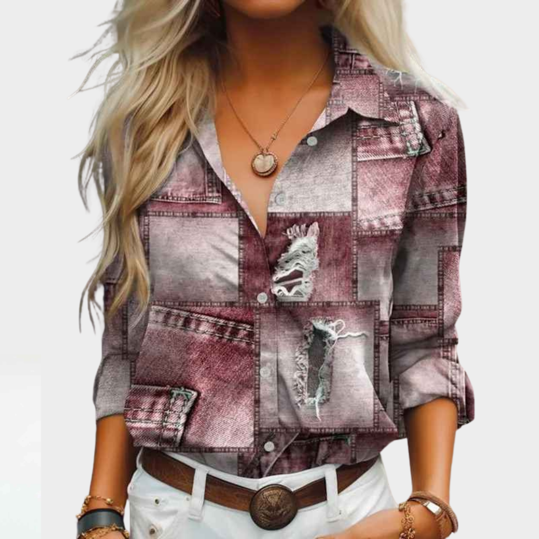 Women's Vintage Blouse - Long Sleeve Patchwork Shirt - Casual Loose Fit - Imitation Denim Print - Multiple Colours