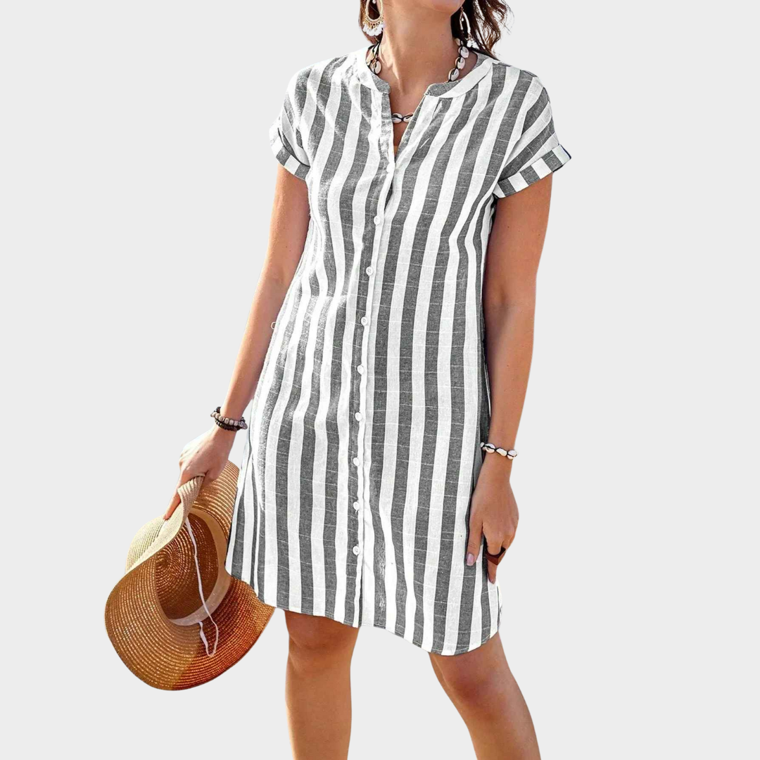 Women's Shirt Dress – Short Sleeve Relaxed Fit with Vertical Striped Cotton Blend – Multiple Colours