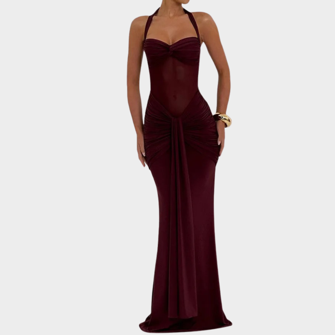 Women’s Maxi Dress – Halter Neck Backless Bodycon Long Dress with Sheer Mesh Bodice and Ruched Draped Detail – Multiple Colours