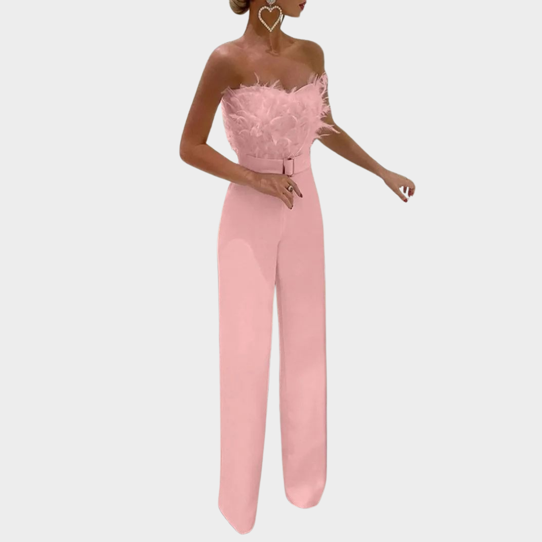 Women's Strapless Jumpsuit – Elegant Feather Detail – Sleeveless – Evening Party Outfit – Multiple Colours
