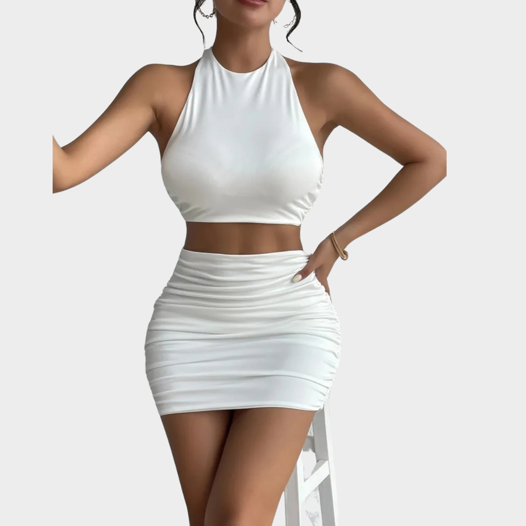 Women’s Tube Top and Skirt Set – Sleeveless Neck Vest and Hip Wrap Skirt – Bodycon Fit – Soft Stretch Fabric – Two-Piece Minimal Style – Multiple Colours
