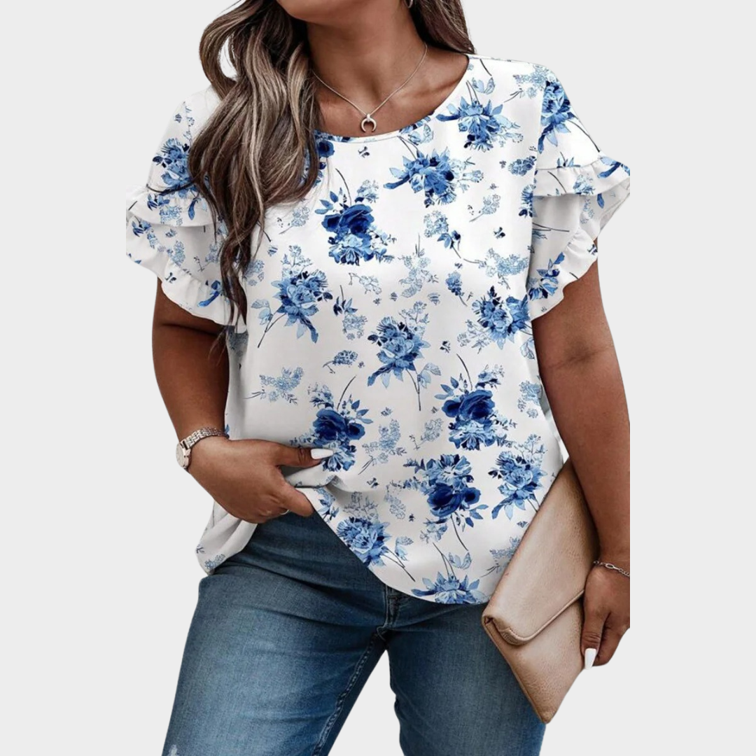 Women's Floral Ruffle Sleeve Blouse – Short Sleeve Round Neck – Elegant Relaxed Fit Cotton-Polyester Blend – Multiple Colours