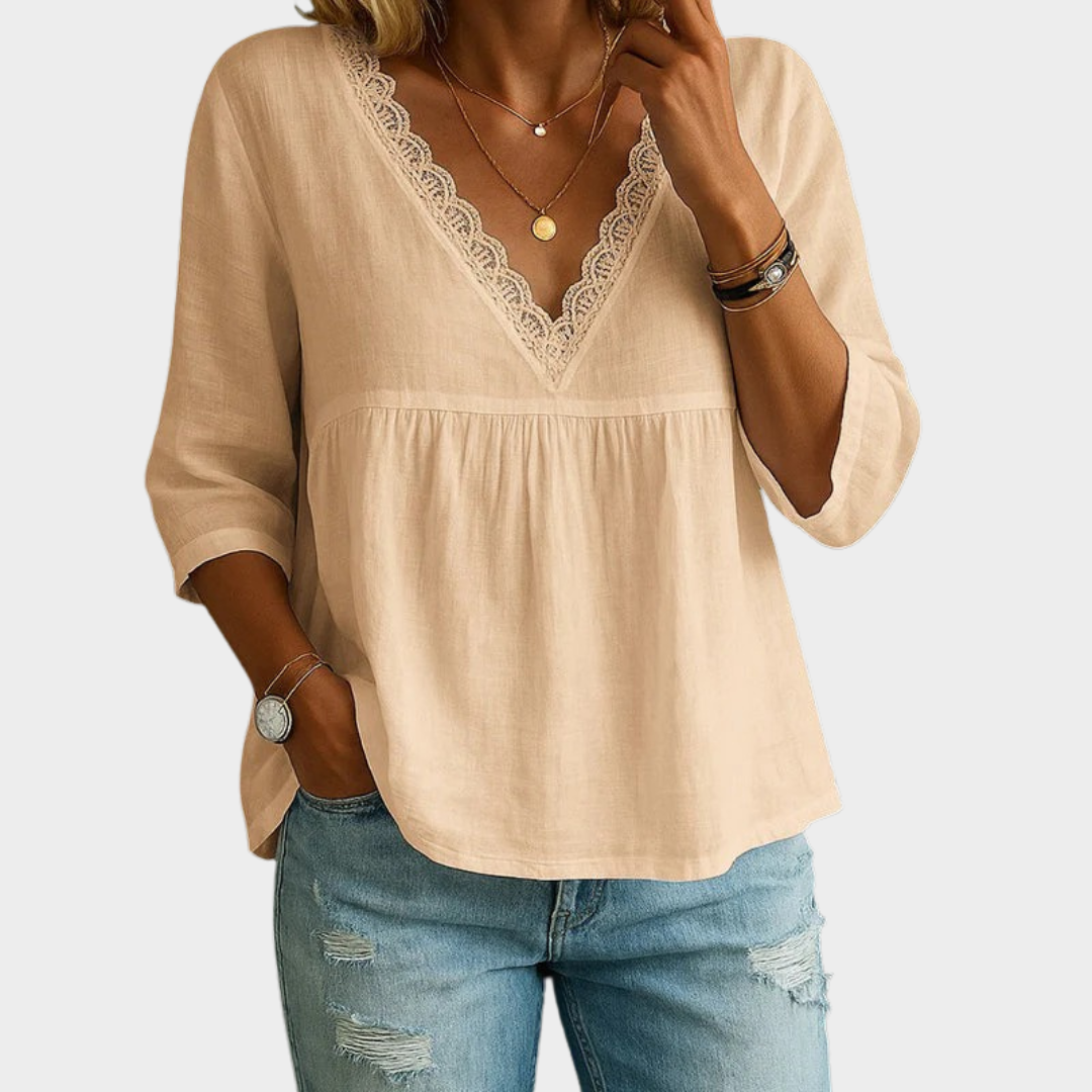 Women’s Relaxed Fit V-Neck T-Shirt – 3/4 Sleeve with Lace Trim – Soft Lightweight Fabric – Multiple Colours