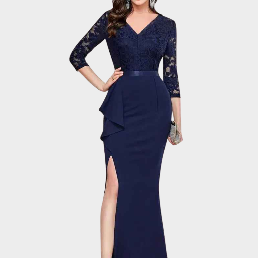 Women's Vintage Floral Lace Ruffle Dress – High Waist Split Formal Evening Gown with Half Sleeves – Multiple Colours