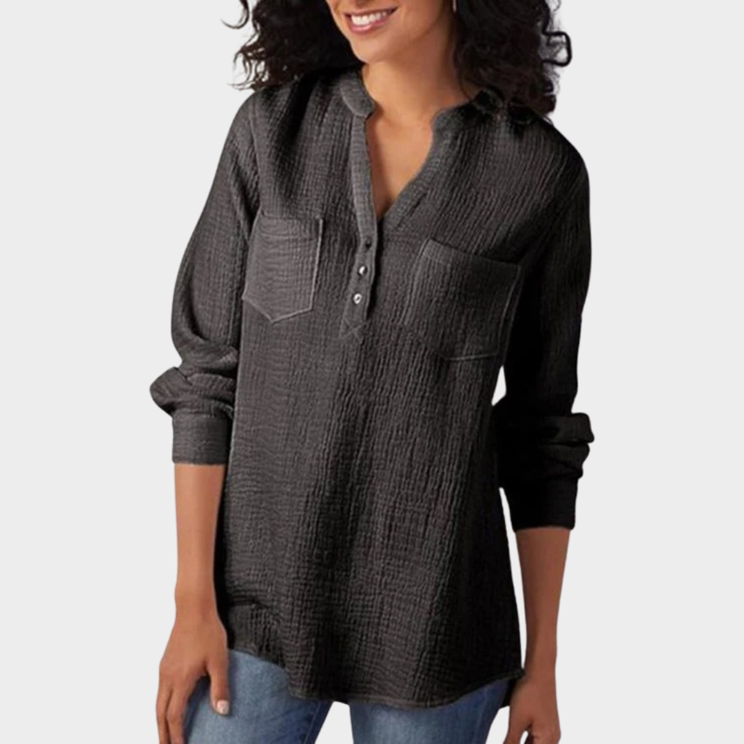 Women’s Long Sleeve Blouse – Solid Colour Button Shirt – Lapel Collar – Relaxed Fit – Lightweight Fabric – Multiple Colours