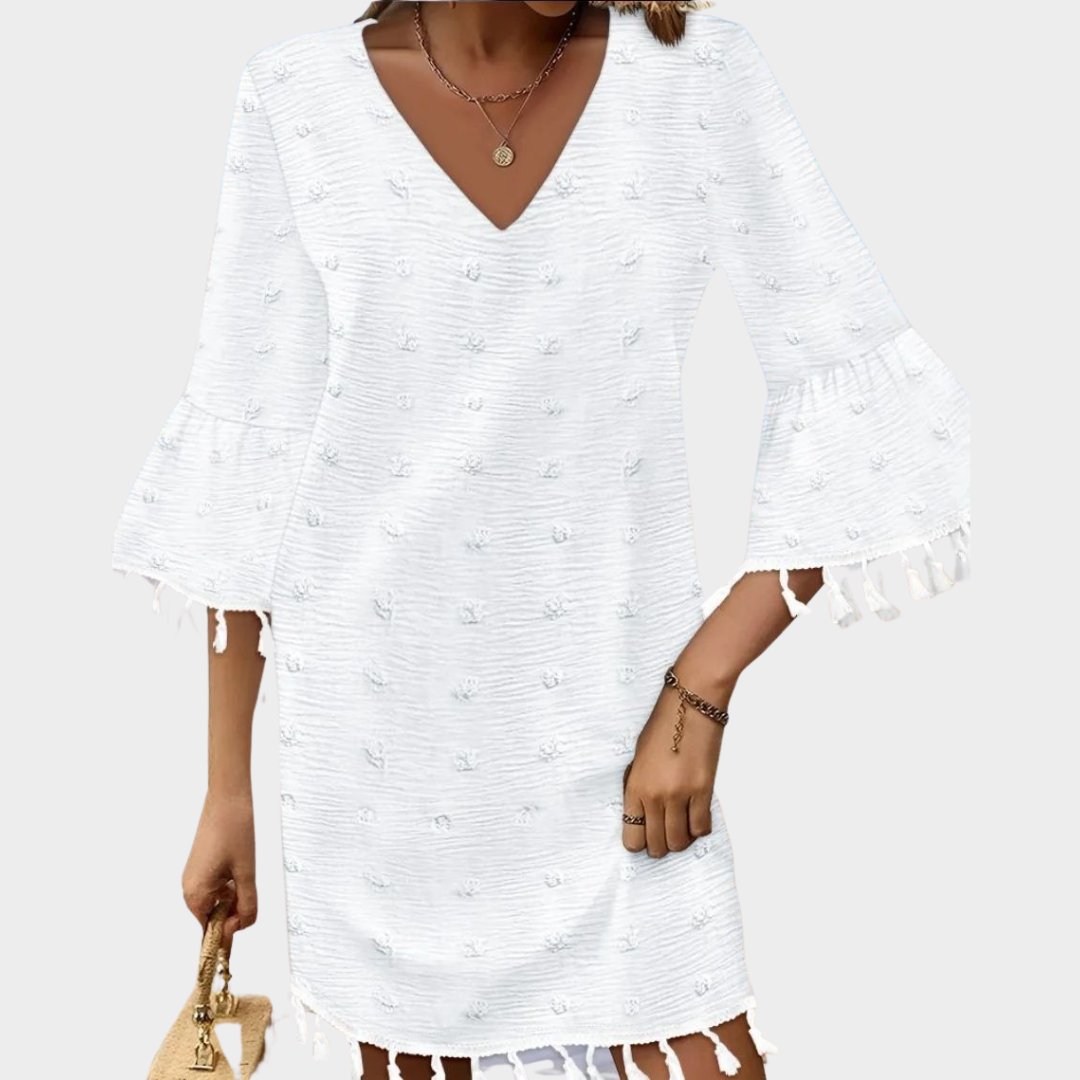 Women's V-Neck Fringe Mini Dress – Flared Sleeves – Loose Fit – Lightweight Fabric – Multiple Colours