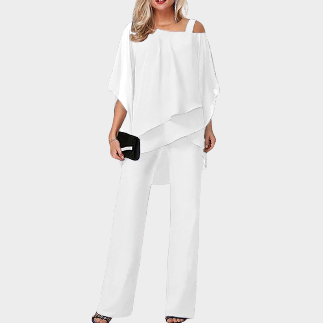 Women's 2-Piece Set – Off-The-Shoulder Top – Batwing Sleeves – Elegant Trousers – Multiple Colours