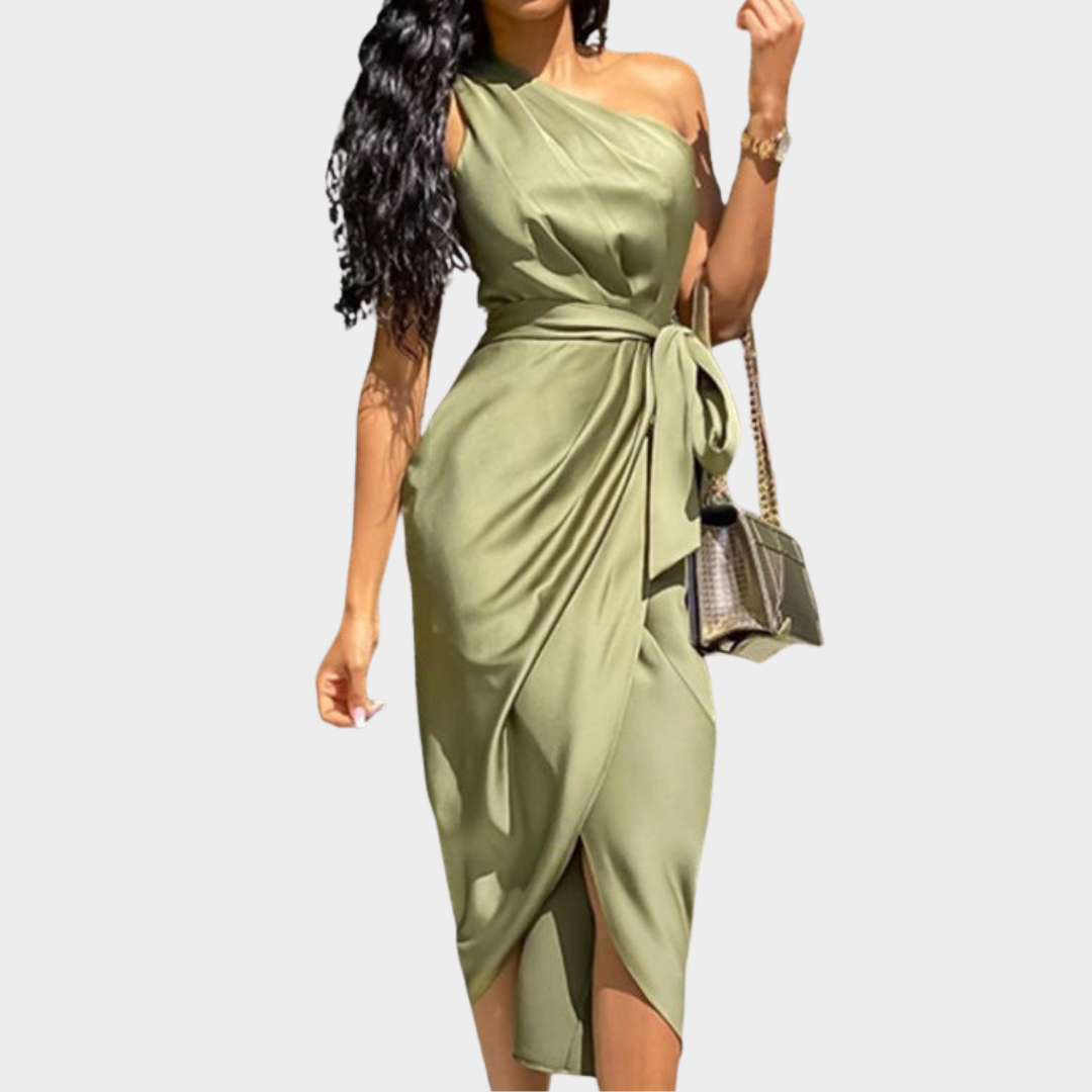 Women's Midi Evening Dress – One Shoulder Satin Fit with Ruched Asymmetrical Detail – Multiple Colours