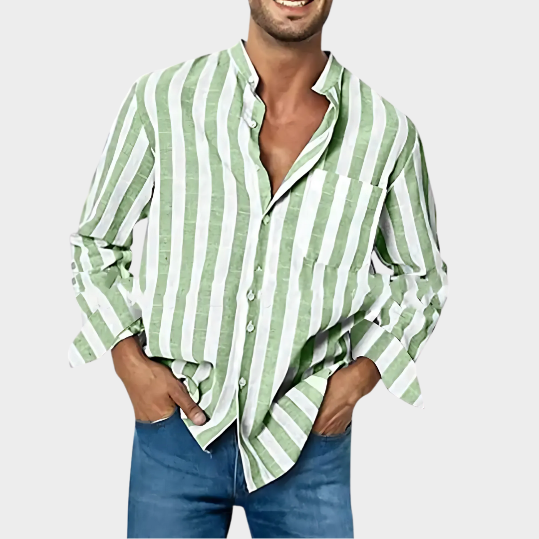 Men’s Casual Striped Long Sleeve Shirt – Relaxed Fit – Elastic Lightweight Linen Blend – Button-Up Design – Multiple Colours