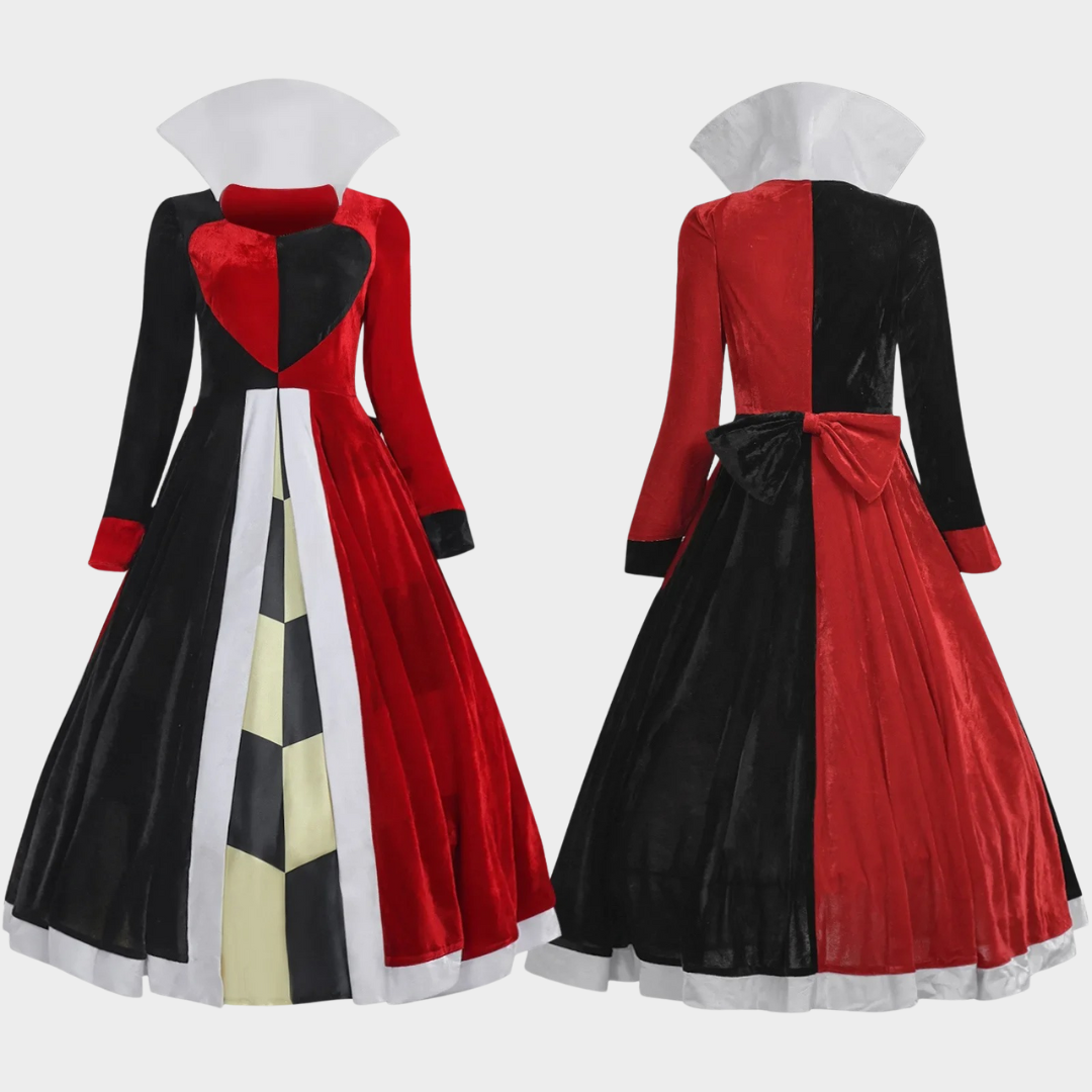 Women Queen of Hearts Halloween Costume – Alice in Wonderland Cosplay Dress with Poker Card Design – Fancy Party Outfit – Red
