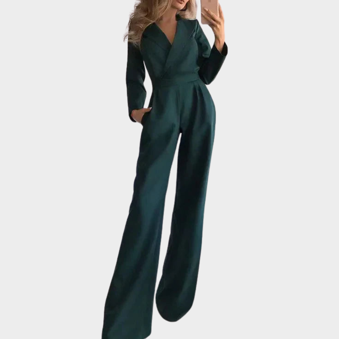 Women's Long Sleeve Jumpsuit – V-Neck – Wide Leg – Elegant One-Piece – Slight Stretch – Multiple Colours