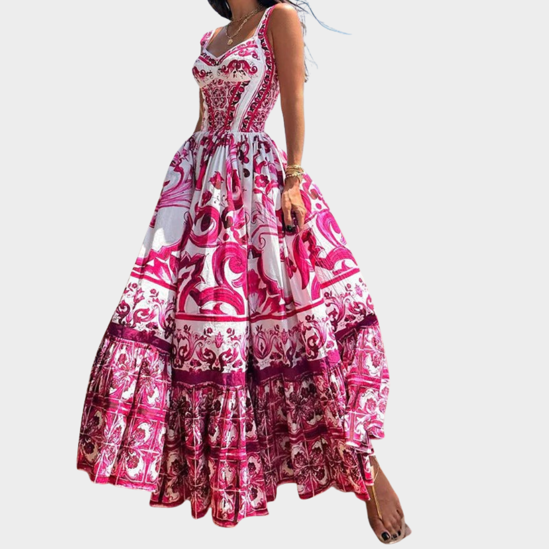 Women Sleeveless Maxi Dress – Halter Neck Gown with Empire Waist – Bohemian Print – Lightweight Fit – Ankle-Length Flow – Multiple Colours