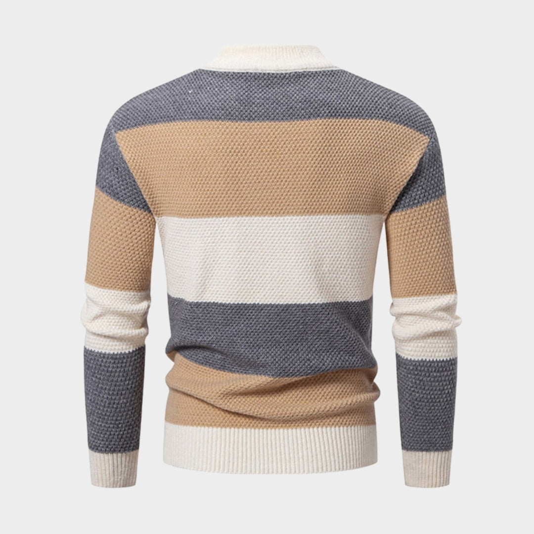 Men's Fashion Patchwork Knitted Sweater – Mock Neck Casual Sweater, Long Sleeve, Autumn Winter Style (Blue, Khaki, Green)