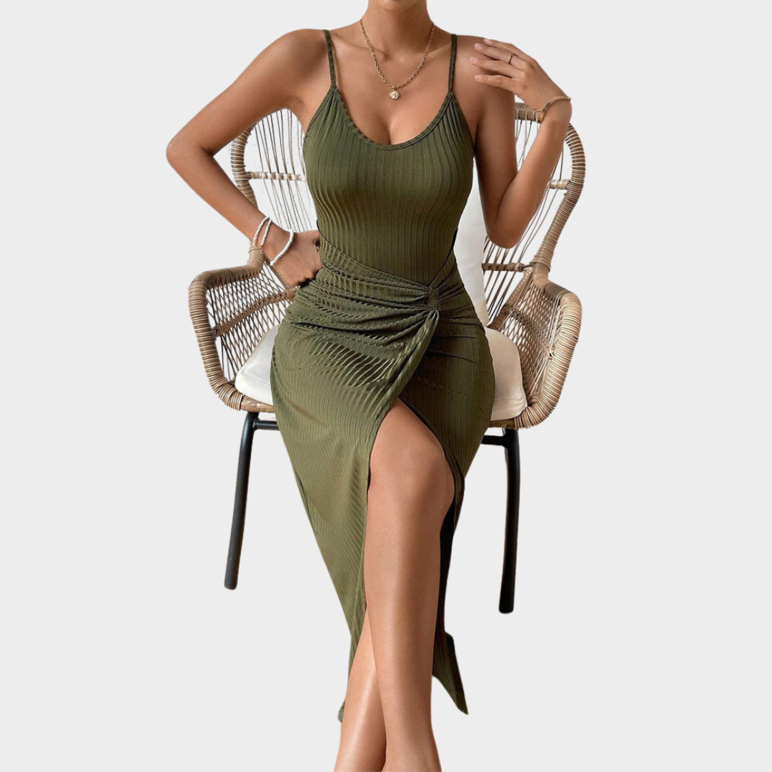 Women's Short Bodycon Dress – Cross Split – Evening Party Wear – Army Green