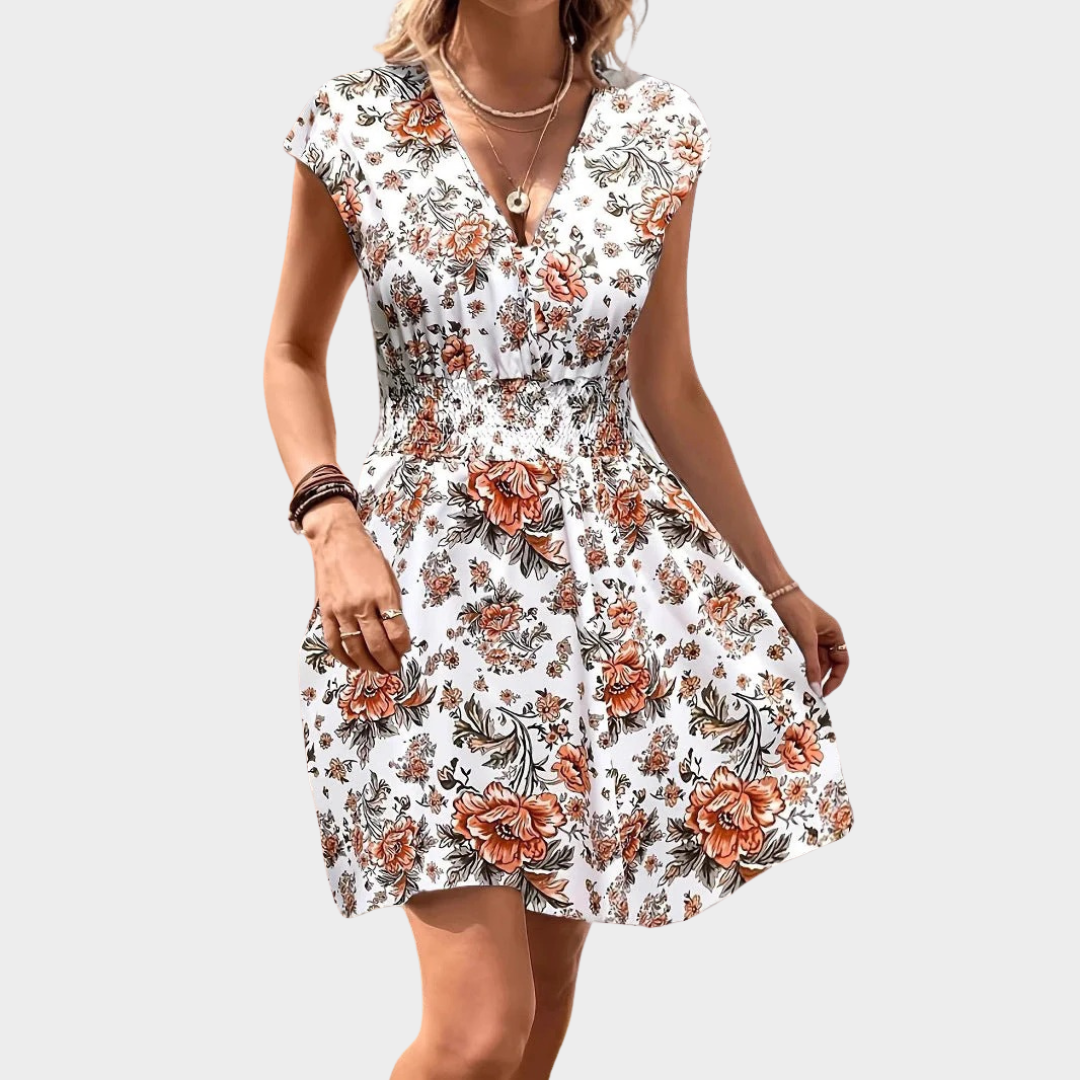 Women’s A-Line Dress – Breathable Blend – V-Neck – Smocked Waist – Flutter Sleeves – Casual Comfort – Multiple Colours