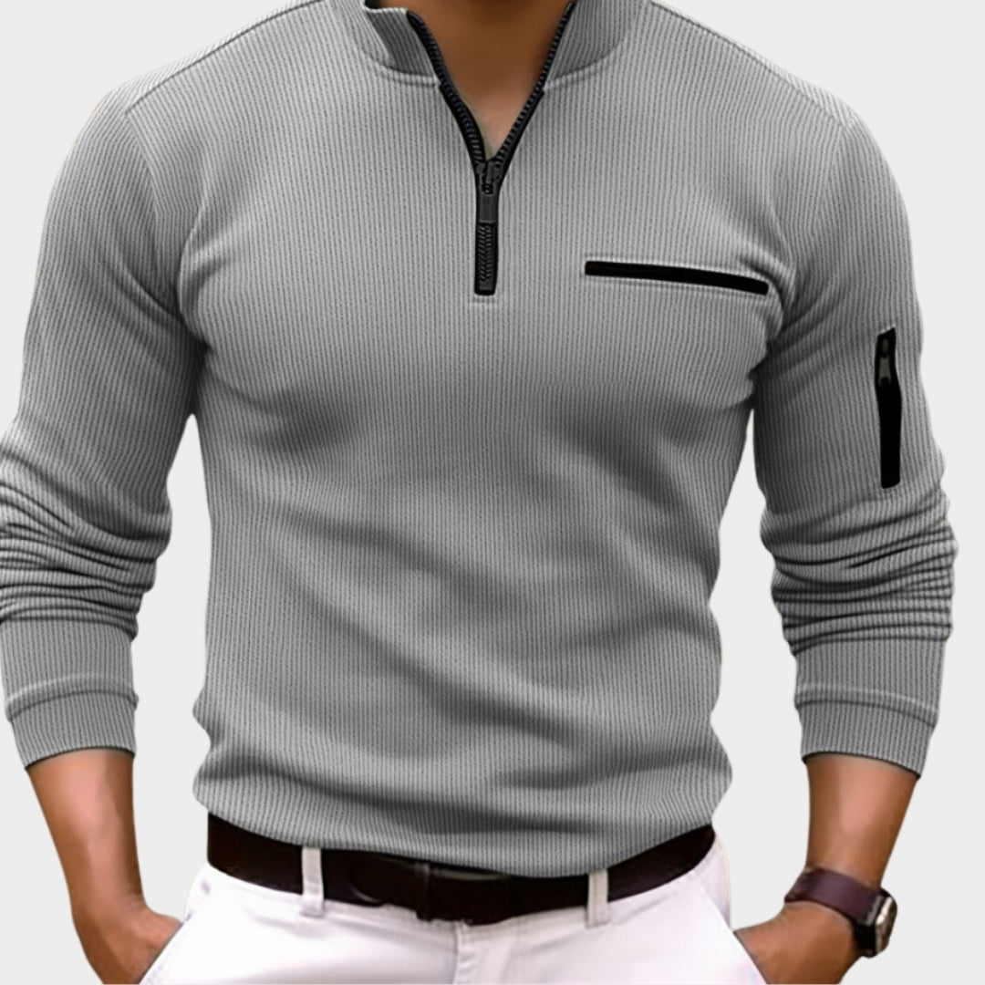 Men's Long Sleeve Polo Shirt - Striped Zipper Casual Sports Style, Khaki, Grey, Army Green, Dark Blue