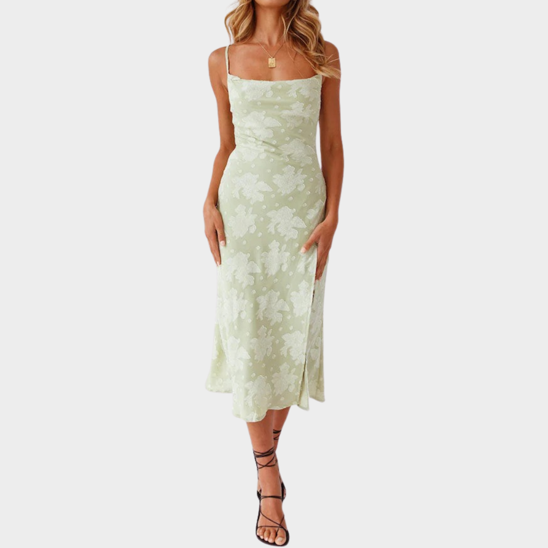 Women’s Slim Fit Midi Slip Dress – Cowl Neck – High Slit – Floral Pattern – Luxury Smooth Fabric – Green