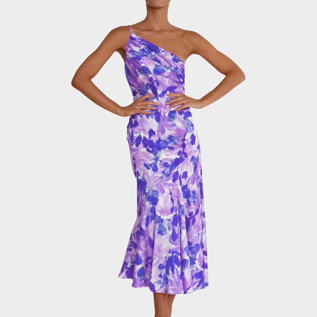 Women’s Oblique Shoulder Midi Dress – Floral Pleated Fit with Backless Spaghetti Strap Design – Lightweight Drape – Multiple Colours