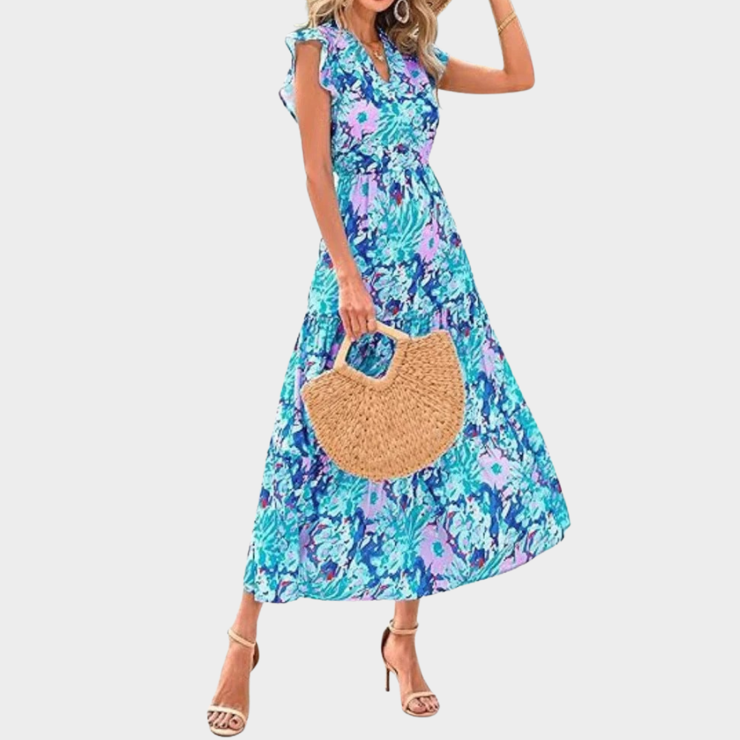 Bohemian V Neck Women's Maxi Dress – Pleated Draped Loose Fit – Floral Print Long Gown – Lightweight Fabric – Multiple Colours