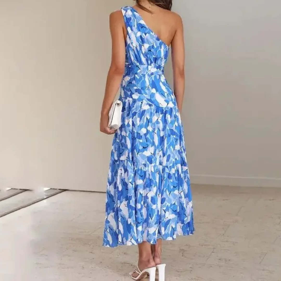 Open Back Women's Long Dress – A Line Elegant Fit Printed Detail – Lightweight Cross Back Vacation Gown – Blue