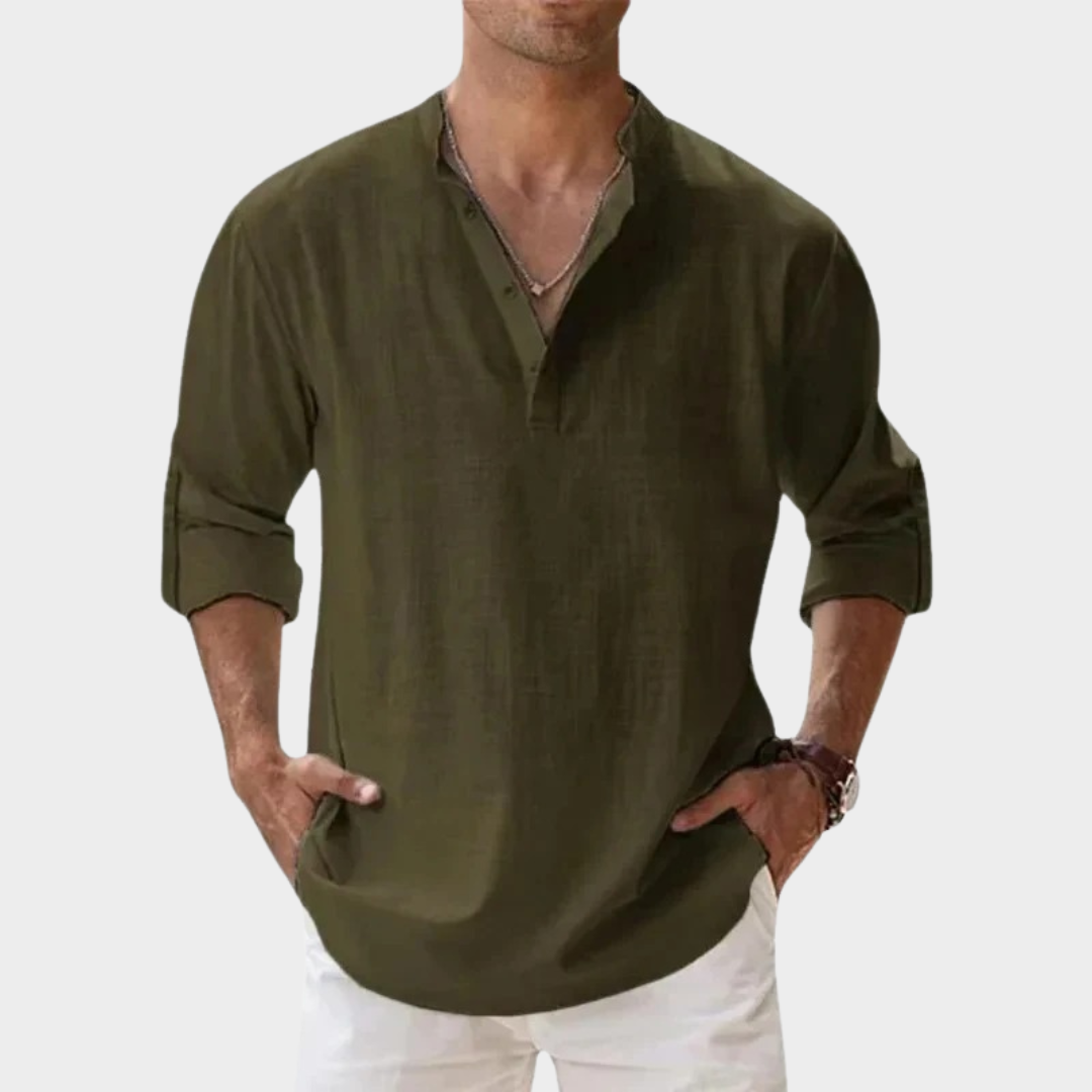 Men’s Relaxed-Fit Long Sleeve Henley Shirt – Lightweight Cotton Linen – Breathable Material – Multiple Colours