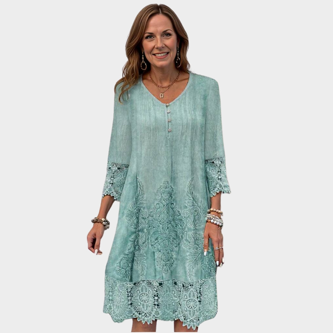 Women's Lace Midi Dress - V-Neck - 3/4 Sleeve - Elegant Hollow-Out Detail - Multiple Colours