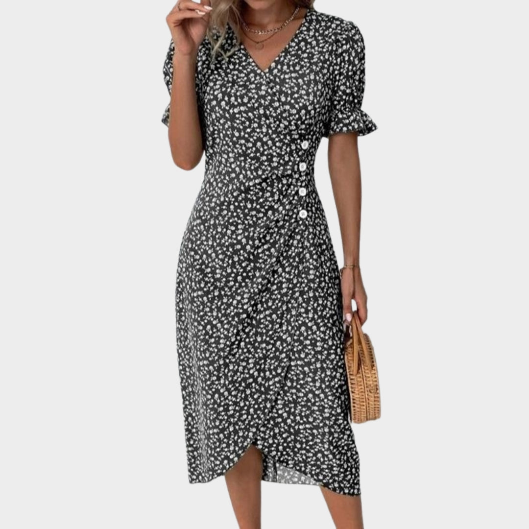 Spring Floral Bodycon Midi Dress – Women’s V-Neck, Long Sleeve, Close Fit, Vestido in Green, Black, Red, Blue