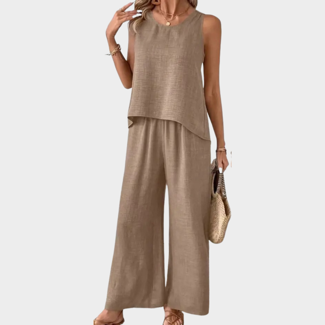 Women 2-Piece Set – Lace Sleeveless Top and Wide-Leg Trousers – Relaxed Fit – Soft Blend – Multiple Colours