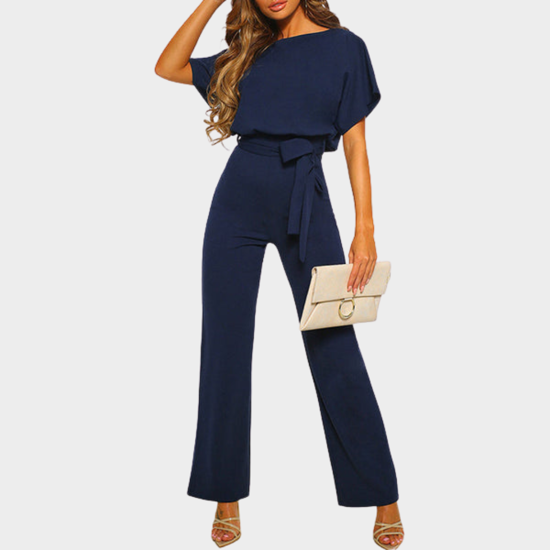 Women's Jumpsuit – Elegant Short Sleeve – Hollowed Waist – Tie Belt – Wide-Leg – Multiple Colours