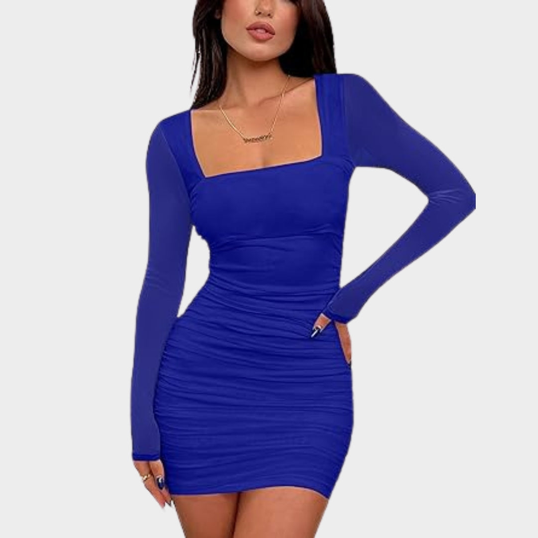 Women's Ruched Bodycon Mini Dress - Mesh Long Sleeves - Club Party Wear - Slim Fit - Multiple Colours